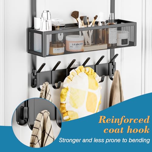 Over The Door Hooks Organizer, Over The Door Towel Rack with 12 Coat Hooks and 2 Mesh Basket, Bathroom Door Organizer Back of Door Hanger Organizer for Bedroom, Kitchen(Black) - color: Black, size: 2 Baskets