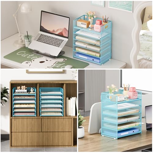 Subekyu 6 Tier Office File Paper Desk Tray Organizer with Handle, Stackable Slide Mesh Letter Tray Folder Blue Desk Organizer, Desktop Document Sorter for Classroom, Office, Home Supplies Storage - color: Blue