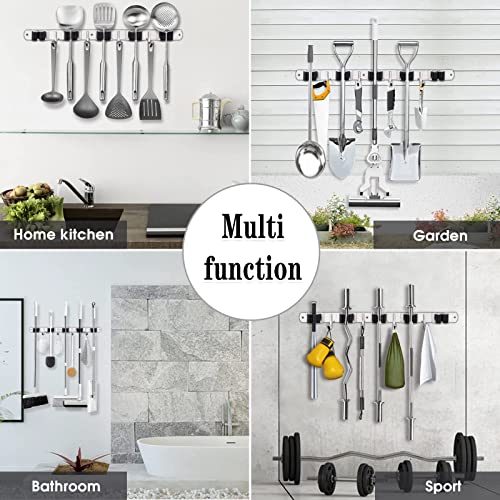 2 Pack Mop and Broom Holder Wall Mount, 5 Racks and 4 Hooks Broom Organizer Storage Tool Racks Stainless Steel Heavy Duty Hooks Self Adhesive Solid Non-slip for Home Kitchen Garden Laundry Garage - color: 5 Racks & 4 Hooks (Silver) - 2 Pack