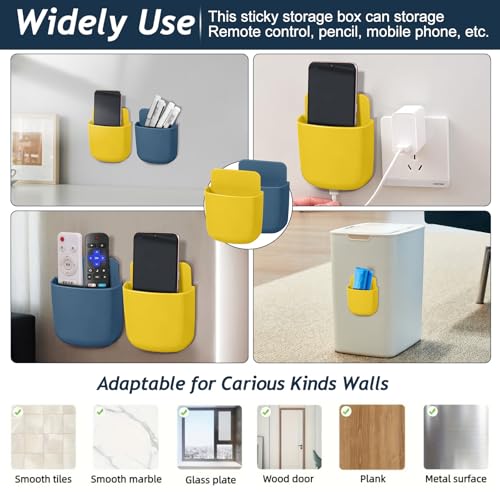 Remote Control Holder, Wall Mount Pen Holder Hole-Free Self Adhesive Phone Charging Organizer Pencil Storage Containers for Home Office School Supply Orgaizer(Blue,Yellow,2Pcs) - color: Blue,Yellow,2Pcs