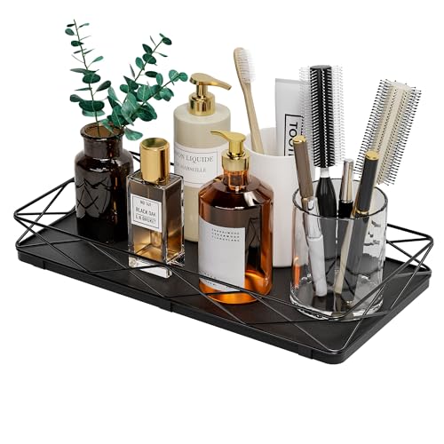 Lixple Toilet Paper Basket Holder, 13" Toilet Tank Tray, Wood and Metal Toilet Tray Vanity Organizer Bathroom Tray, Kitchen Sink Organizer for Soap Dispenser (Black) - color: Black