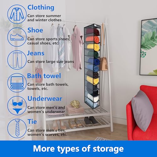 Closet Organization,12 Section,Hanging Closet Organizer,Space Saving, College Dorm Essentials for Girls, Heavy dutys Hooks Up to 45 Pounds, Clothes Storage,Closet Organizer,Grey/Black - color: NEW Heavy duty rack-Grey/Black-12 pockets