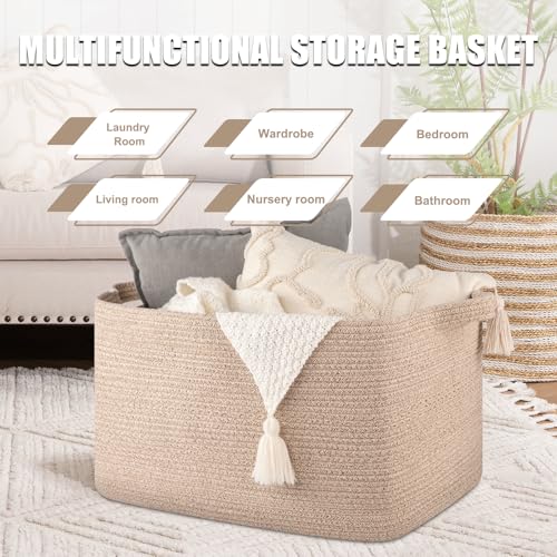 95L Cotton Rope Large Blanket Basket (24" x 16.9" x 14.2") for Living Room, Kids Room & Laundry, Storage Basket with Handle for Organizing Blankets, Pillows, Clothes & Toys, Brown - color: Brown, size: 24"x16.9"x14.2"