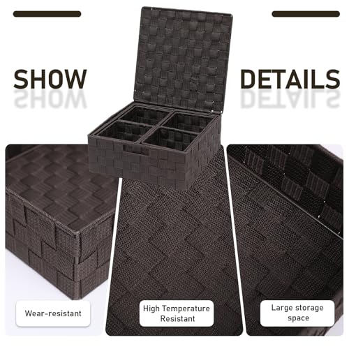 Storage Bins Woven Organizer with Lids Set of 8 – Polypropylene Storage Baskets with Metal Frame, Stackable Fabric Boxes for Drawers, Closet, Shelf, Nursery and Office, Brown - color: Brown, size: 8PCS-with lid
