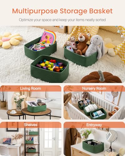 Small Woven Basket, 13.5 x 9.5 x 5 Inches, Storage Basket for Organizing, Cute Small Rope Shelf Closet Cube Storage Bins Baskets for Shelves, Dog Toy Gift Baskets Empty, 3 Pack, Green - color: Green, size: 13.5"L x 9.5"W x 5"H