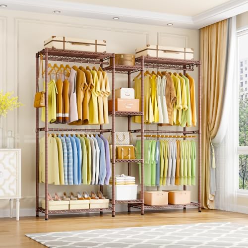 Ulif E4 Clothes Rack, Heavy-Duty Garment Rack, Metal Freestanding Clothing Organization Storage System Can Be L-Shaped with Shelves and Hangers, Max Load 962lbs, 71.6" W x 14.5" D x 79.3" H, Bronze - color: Bronze