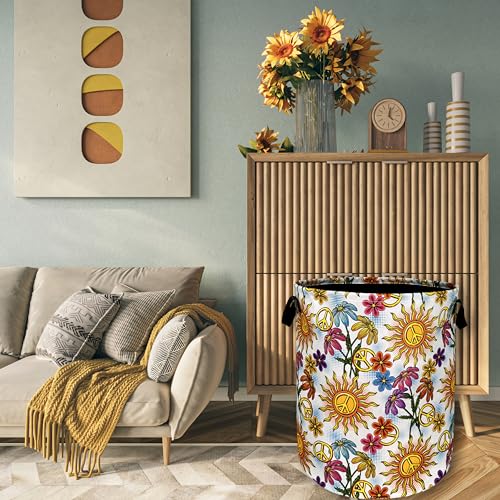 Colorful Hippie Peace Flowers Laundry Basket Foldable With Handles Tote Bag Oxford Cloth Funny Laundry Hamper Clothes Storage Bucket Toy Organizer For Bathroom/Laundry/Bedroom 18.9"x16.5 " - color: Colorful Hippie Peace Small Flowers Floral