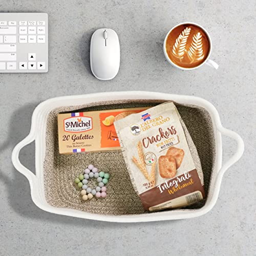 Woven Cotton Rope Storage Basket with Handles for Organizing Shelves Closet Small Cat Dog Pet Toy Baskets Box Bin Decorative Rectangle Baby Nursery Basket Gift Basket Empty - color: white and brown