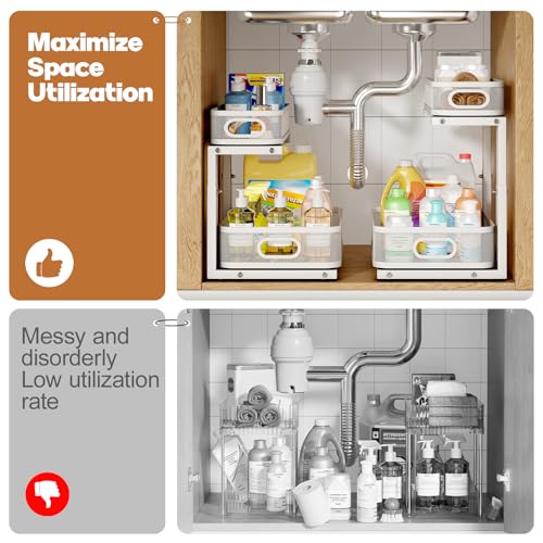 2 Pack Under Sink Organizer With Smooth Cylindrical Rail,2-Tier Pull Out Multi-Purpose Cabinet Storage for Bathroom&Kitchen,Height Adjustable,Rust-resistant Coating-White - color: White, size: 2 Pack-15.7"Dx11"-16.14"H