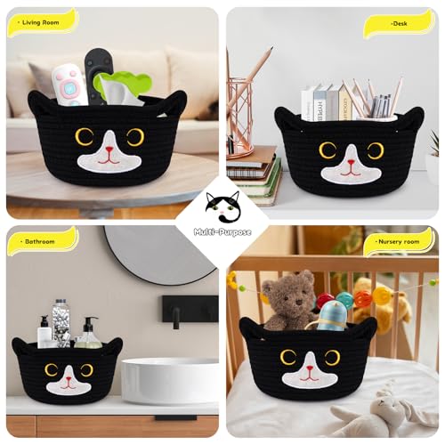 Cat Basket for Nursery, Small Storage Basket, Black Woven Rope Cotton Storage, Baby Blanket Bin with Cat Ears Handles, Animal Blanket Towel Halloween Decor Storage Bins, 8.2" x 4.7" IN - color: Black White, size: 9 × 5 inches