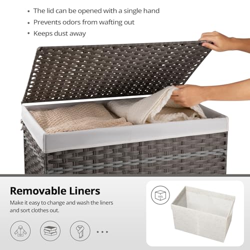 OIAHOMY Storage Basket with Lid, 42.3 Gallon (160L) Blanket Basket with Removable Liner Bag, Synthetic Wicker Hamper with Handle, Foldable, Hamper for Living Room, Grey - color: Grey, size: 160L
