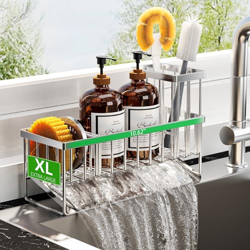 Cisily Extra Large Silver Kitchen Sink Caddy Organzier with High Brush Holder, Sponge Holder for Sink, 304 Rustproof Stainless, Kitchen Countertop Soap Dispenser Organizer For Decor and Accessories - color: Silver, size: 10.62″