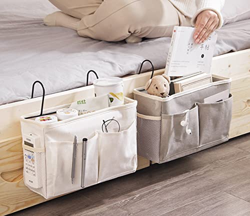 Bedside Caddy,Hanging Basket Bedside Organizer Storage for College Bunk Dorm Rooms Hospital Beds Rails,White Canvas Sturdy Iron Frame with Side Mesh Pocket for Glasses Books Phones Keys Cable - color: White