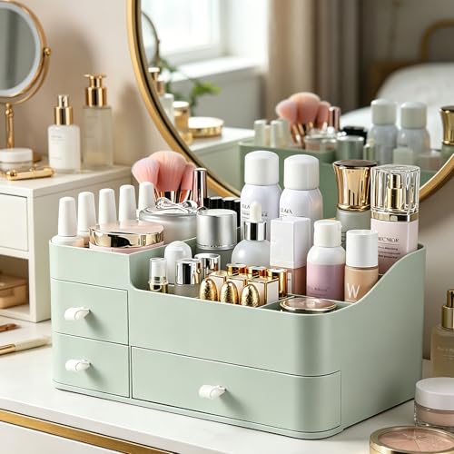 MIUOPUR Makeup Organizer with Drawers, Bathroom Counter Organizer, Plastic Cosmetic Display Case, Large Skincare Storage for Vanity Countertop, Ideal for Bedroom Dresser top and Desktop - color: Fresh Green