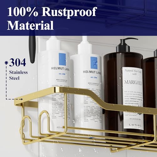 Kitsure Shower Caddy Large - Adhesive Shower Organizer, Stainless Steel Shelf for Inside Shower, No Drill Bathroom Organizers and Storage, Home Decor Accessories, 2 Pack, Gold - color: Gold, size: Large