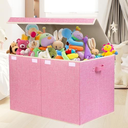 122L Large Toy Box Chest with Lid, Foldable Toy Storage Organizer Bin Boxes with Removable Divider for Kids, Boys, Girls, Nursery, Playroom, 26"x17" x17"(Linen Pink) - color: Extra Large Pink