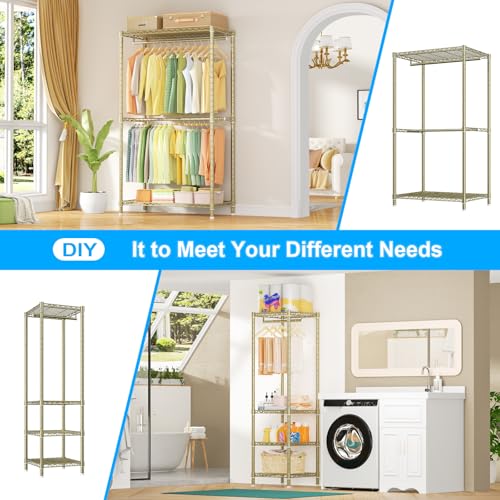 Ulif E10 Clothes Rack（With Stretchable Hanger Rod）Freestanding Clothing Racks for Hanging Clothes，Adjustable Closet Organizer System，Portable Garment Rack 73-97"W x 15" D x 72" H，Max Load 800LBS，Gold - color: Gold
