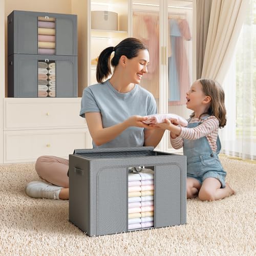 Clothes Storage Bins with Metal Frame, Foldable Clothes Organizers Storage Containers for Clothes, Sheets, Blankets, Pillows and Towels （66L, 3 Pack, Deep Grey - color: dark gray, size: 66L（19.7“X15.7"X13"）