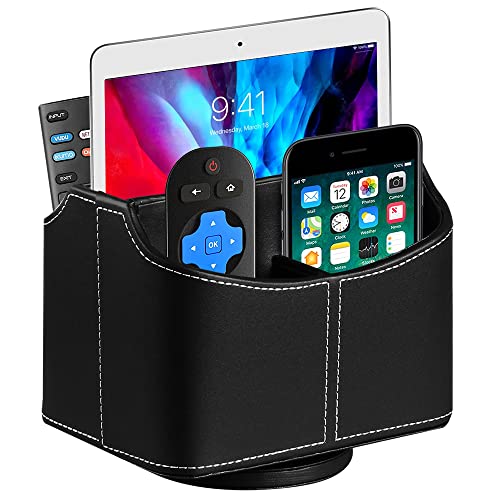 Leather 360° Spinning Remote Control Holder, Pencil Pen Holder for Desk Table Nightstand, TV Remote Caddy Organizer, Black Office Decor and Accessories, Storage Box for Phone,Media Player Controllers - color: Black