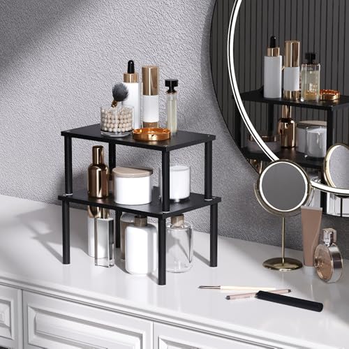 VERTORGAN Cabinet Organizer Shelf(Set of 2),Kitchen Counter Shelves,Bamboo Spice Rack Countertop and Cabinet,Stackable Expandable,Medium(Black) - color: Black, size: 11.8"W