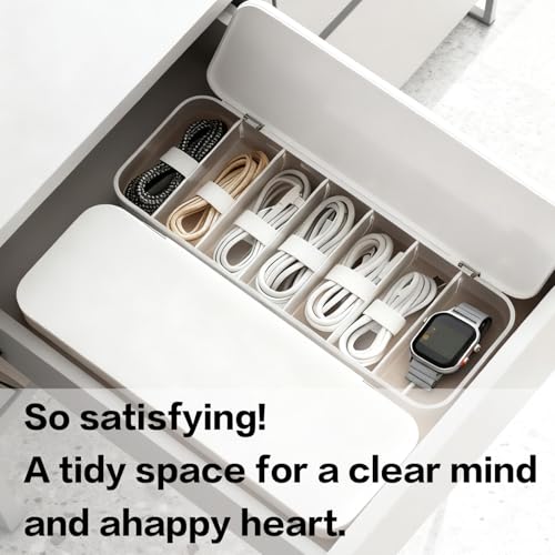 2 Pack Cord Organizer Box with 7 Wire Ties Each – Desktop Cable Management Storage Case with Lid, Charger Cord Organizer for Drawer, Multi-Compartment Power Cord Holder Set for Office Home – White - size: 2pack