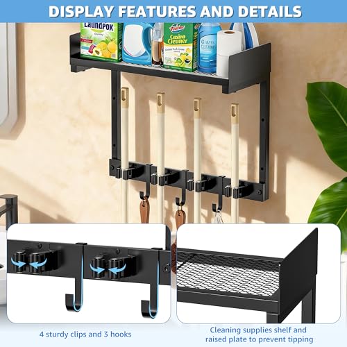 HUFAND Broom Holder Wall Mount, 15" Large Mop and Broom Organizer Wall Hanging with Top Storage Shelf, Heavy Duty Iron Utility Rack for Laundry Room, Garage, Kitchen, Garden - Black - size: small
