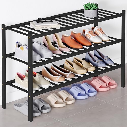 Smiry Bamboo Shoe Rack for Closet, 3 Tier Long Wooden Stackable Shoe Organizer, Free Standing Shoes Storage Shelf for Entryway, Front Door Entrance, Black - color: Black, size: 3 Tier - Long