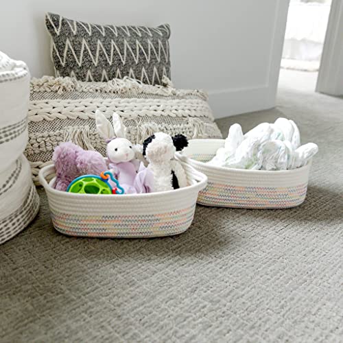 NaturalCozy 5-Piece Rectangle Storage Basket Set- Natural Cotton Rope Woven Baskets for Organizing! Small Basket for Montessori, Baby Nursery, Dog Toy Baskets, Cat Toy Box, Bathroom Organization Bin - color: Off White & Rainbow Stitching