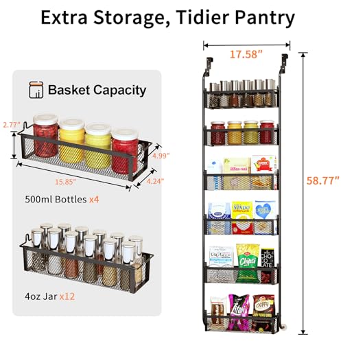 Over the Door Pantry Organizer, 6-Tier Pantry Door Organization and Storage, Over the Door Spice Rack, Home & Kitchen Storage Shelves for Cabinet, Black - color: Black, size: 16.5"W 6-Tier