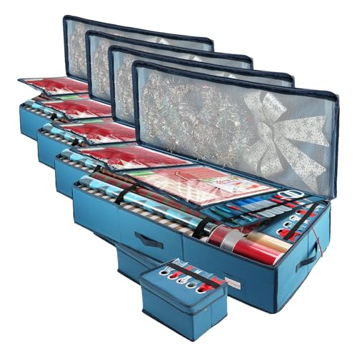 Hearth & Harbor Wrapping Paper Storage Container with Ribbon Storage Organizer - Christmas Storage Bag with Extra Interior Pockets - Gift Wrapping Organizer Storage Fits Up to 26 Rolls of 40" Length - color: Blue, size: Large (Pack of 4)
