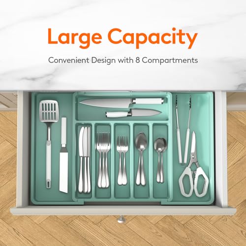 Lifewit Silverware Drawer Organizer, Expandable Utensil Tray for Kitchen, BPA Free Flatware and Cutlery Holder, Adjustable Plastic Storage for Spoons Forks Knives, 13-22 x 15", Turquoise - color: Turquoise, size: XL (13-22''W x 15''D)
