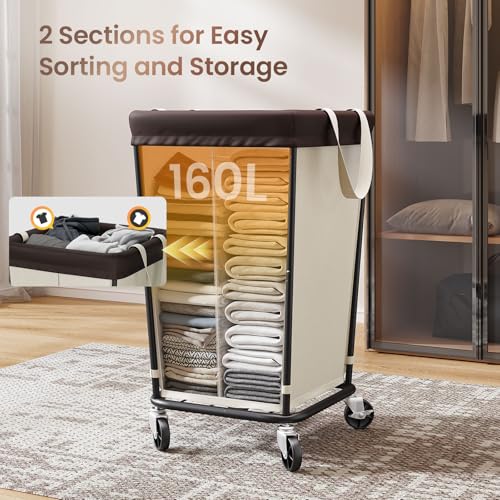 160L Laundry Basket with Wheels, 2-section Rolling Laundry Basket, Large Laundry Hamper with Wheels, Rolling Laundry Hamper Clothes Hamper for Home, Bathrooms and Dorm(Beige) - color: 2 Section-Beige, size: 160L
