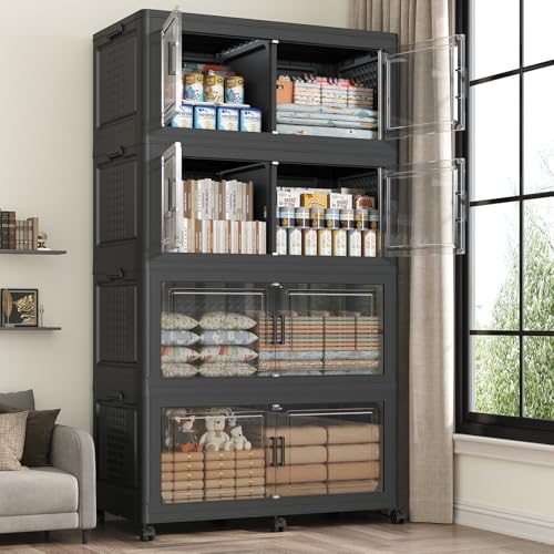 160GAL Storage Bins with Lid and Wheels, Collapsible Storage Box with Dividers, Foldable Plastic Cabinets for Room Kitchen, Stackable Closet Organizers and Storage Drawer, 4 Pack Black - color: Black, size: 40Gal-4Pack