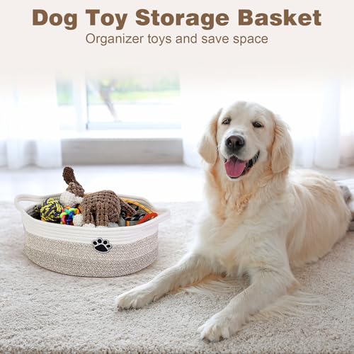 Optish Dog Toy Easter Basket, Toy Box and Bin for Dog Cat Storage, 13.5" X 11" X 5" Small Woven Rope Basket for Baby Storage, Closet, Living Room, White & Brown - color: White-Brown, size: 13.5"L x 11"W x 5"H (15L)