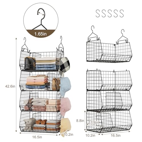 4 Tier Hanging Closet Organizer with Dividers,Extra Large Storage Hanging Shelf with 5 S Hooks 4 Dividers,Hang on wire closet shelving Clothes Organizer-Black - color: Black, size: 4-Tier