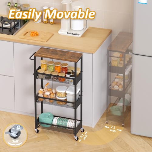 Vincona Slim Rolling Utility Cart, 4 Tier Metal Narrow Storage Cart with Handle and Wood Top, Multifunctional Small Mobile Shelf Unit Organizer Trolley for Laundry, Bathroom, Kitchen - color: Black, size: 7.1" wide