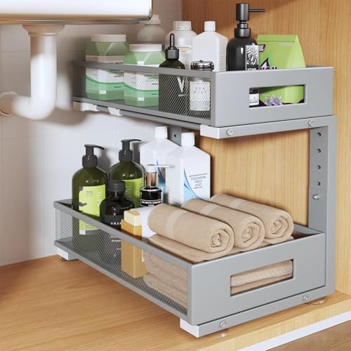 1 Pack 17IN Depth Under Sink Organizer, 2-Tier Pull Out Cabinet Organizer With Smooth Circular Rail, Large Capacity Metal Mesh Sliding Drawers For Bathroom& Kitchen Storage,Height Adjustable-Gun Gray - color: Gun Gray, size: 1 Pack-17"Dx11.6"-16.7" H