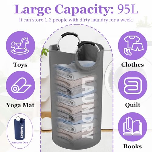 2Pack 95L Big Clothes Hamper for Family, Collapsible Laundry Baskets with Handles, Dirty Clothes Bin Stand Up Well, Toteable Laundry Bag for Bathroom, Travel, Grey/Navy Blue - color: Grey + Navy Blue, size: L-95L