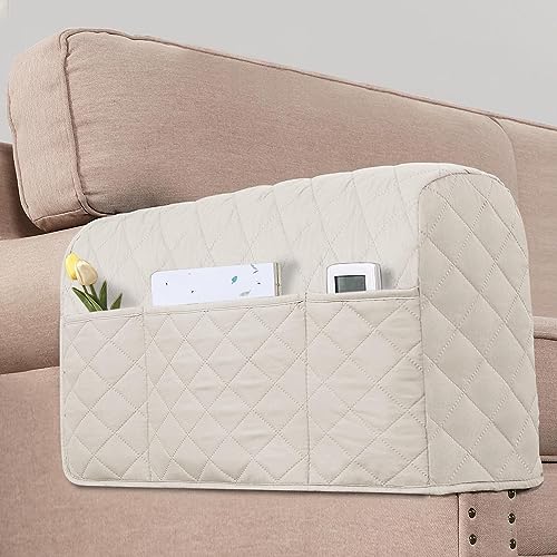 2 Pack Water Resistant Armrest Covers for Chairs and Sofas Couch Arm Covers for Sofa with 3 Pockets for Phone Sofa Arm Protector Washable for Pets, Cats (Ivory) - color: Ivory