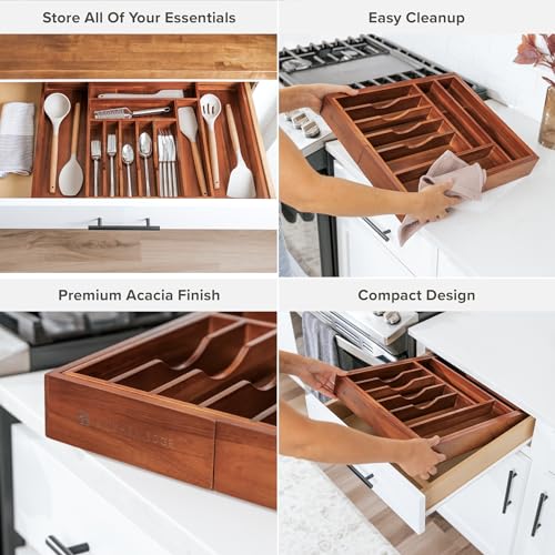 KitchenEdge Premium Silverware, Flatware and Utensil Organizer for Kitchen Drawers, Expandable 14.5 to 25 Inches Wide, 10 Compartments, Food-Safe Premium Acacia Wood Finish Kitchen Storage Tray - color: Natural Acacia, size: From 14.5" to 25" wide