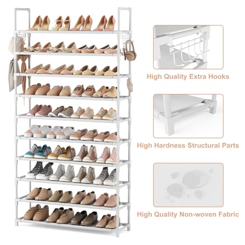 VTRIN 10 Tiers Shoe Rack Tall Large Capacity Wide Shoe Organizer Sturdy Shoe Shelf for Entryway with Two Hooks Metal Shoe Storage for Closet, Bedroom, White - color: White, size: 32.3" Wide - 10 Tier