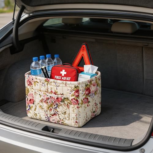 Quilted Laundry Basket with Handles - Multi-Purpose Fabric Storage Basket，Boho Fabric Storage Baskets with Handles for Car, Home & Nursery - Collapsible Square Organizer (White) - color: White
