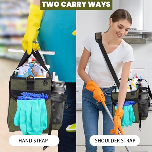 Large Cleaning Caddy Bag Built-in Sturdy Support Board, Cleaning Organizer with Detachable Divider, Cleaning Supply Tote with Adjustable Shoulder Strap&Waist Belt for Cleaners & Housekeeper - color: Green