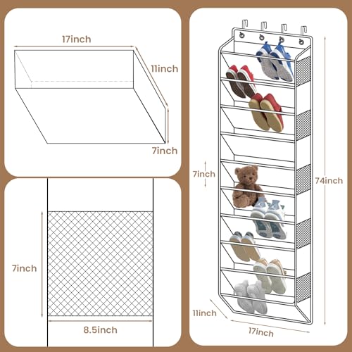 10-Tier Over The Door Organizer with 4 Anti-Scratch Silicone Hooks & 10 Side Pockets, Hanging Shoe Organizer for Closet (15-20 Pairs), Behind the Door Storage for Toys, Household Essentials