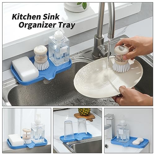 MicoYang Silicone Bathroom Soap Dishes with Drain Spout Bathroom and Kitchen Sink Organizer,Sponge Holder,Dish Soap Tray,Perfect for Dispenser,Scrubber,Bottle,Cup on Counter Lichen Blue 9.6"×5.3" - color: Lichen Blue, size: M(9.6"×5.3")