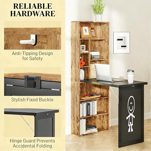 Folding Writing Desk with Storage Shelves, Fold Out Convertible Wall Mounted Table with Blackboard, Foldable Computer Murphy Desk for Small Spaces,Home Office (Natural) - color: Natural