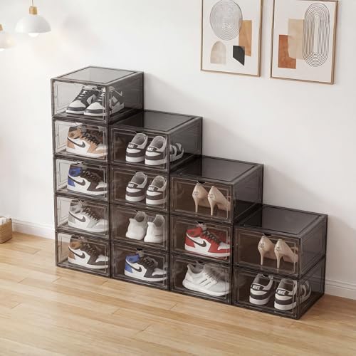 Pinkpum Upgraded Hard Shoe Storage Box 6 Pack X-Large Fit Size 12, Thicken & Sturdy Clear Plastic Stackable Shoe Organizer Box Closet, Sneaker Storage Display Case Holder Bins with Magnetic Door Black - color: Black Clear, size: 6 pcs