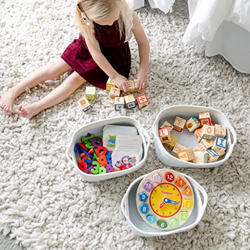 NaturalCozy 5-Piece Rectangle Storage Basket Set- Natural Cotton Rope Woven Baskets for Organizing! Small Basket for Montessori, Baby Nursery, Dog Toy Baskets, Cat Toy Box, Bathroom Organization Bin - color: Off White & Mixed Blue