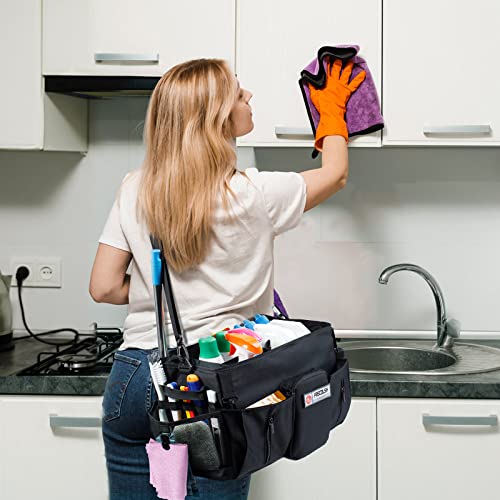 Large Cleaning Supplies Organizer-Cleaning Caddy Organizer With Handles & Shoulder Strap-Cleaning Bags for Cleaning Suppliers-Housekeepers Wearable Cleaning Tote Upgraded - color: Black