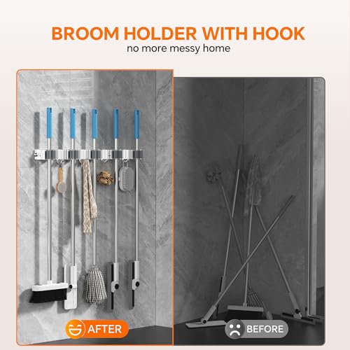 5 Grippers Broom Holder Wall Mount with 4 Hooks Stainless Steel Mop and Broom Organizer Self Adhesive or Screw Fixing for Garden Tool Rack Closet Laundry Room Kitchen Garage Storage Utility Hook - color: A-Silver, size: 5PCS Gripper